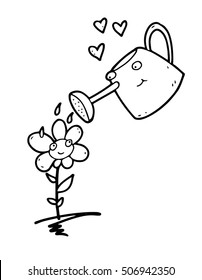 Caring loving funny animated smiling watering can saves a beautiful garden flower from the heat and thirst, timely watering it.