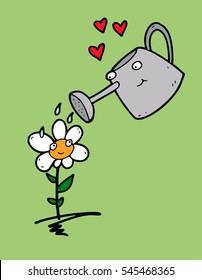 Caring loving funny animated smiling watering can saves a beautiful garden flower from the heat and thirst, timely watering it