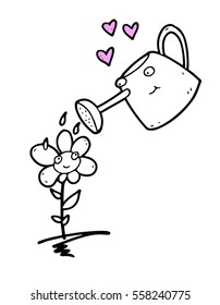 Caring loving funny animated smiling watering can saves a beautiful garden flower from the heat and thirst, timely watering it