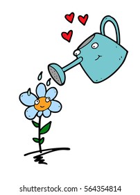 Caring loving funny animated smiling watering can saves a beautiful garden flower from the heat and thirst, timely watering it