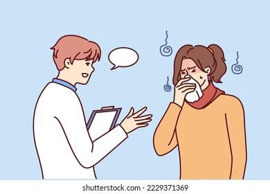 Caring male doctor help unhealthy woman sneezing suffering from flu or cold. Therapist or GP consult sick girl struggling with covid-19. Vector illustration. 