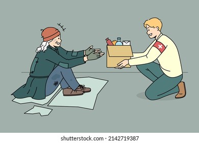 Caring male volunteer give box with food to unhappy poor person outdoors. Kind man activist share products and supplies with homeless needy people on streets. Charity concept. Vector illustration. 