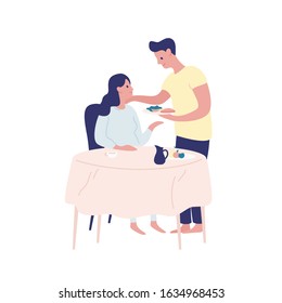 Caring man bringing serving food to pregnant woman vector flat illustration. Happy couple future parents eating together isolated on white. Smiling cartoon family having breakfast at table