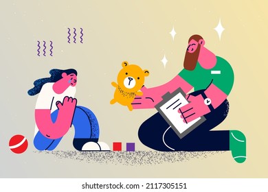 Caring man doctor or nurse comfort crying small kid give teddy bear to play with. Loving attentive male caregiver support cheer unhappy upset little child in hospital or clinic. Vector illustration. 