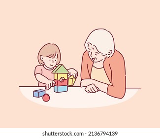 Caring mature grandmother and little girl playing with toys together, building colorful blocks constructions. Hand drawn style vector design illustrations.