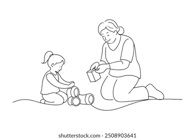 
Abuela madura cariñosa y niña jugando con juguetes juntos Una línea de Ilustración vectorial de arte de línea continua sobre fondo blanco.