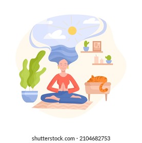 Caring for mental health. Scenes with people in quarantine. Girl sits in lotus position and meditates. Inner calmness and balance, character engaged in yoga, asana. Cartoon flat vector illustration