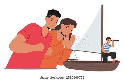 Caring mom and dad giving support and help to son child in life way of development and growth vector illustration. Happy overprotective parents accompanying boy on trip blowing into sails of boat