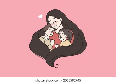 Caring mom hug embrace small children son and daughter show love support in family relation. Mother cuddle kids feel grateful thankful. International women day. Motherhood. Flat vector illustration.