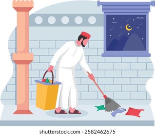 caring for mosque community service concept, cleaning or tidying up a space vector icon design ramadan and Eid al-Fitr Banner, Muslim fasting month scene, Arabic holidays illustration