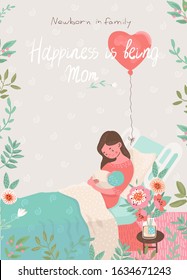 Caring mother breastfeed newborn baby at hospital flat  concept. Vector illustration with young woman and child for prints, cards. Mother's day poster.