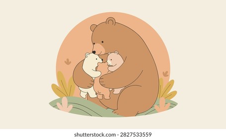 Caring mother brown bear embracing her three adorable cubs with warmth and affection against a soft circular background.