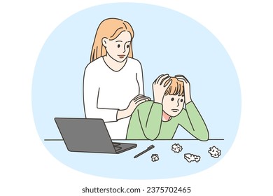 Caring mother comfort upset son having problems studying online on computer. Parent hug support stressed kid struggling with problems at school. Education trouble. Vector illustration.