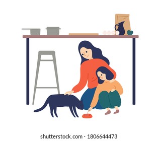 Caring mother and cute daughter feeding cat at kitchen vector flat illustration. Happy woman spending time with kid enjoying motherhood isolated on white. Parent teaching child taking care about pet