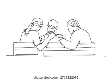 Madre y papá cariñosos que apoyan al hijo adolescente triste. Asistencia emocional. Concepto de etapa de vida familiar en crecimiento. Diseño de dibujo de línea única. Ilustración gráfica de Vector