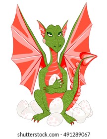 Caring mother dragon with red wings and green scales with an egg in its claws. Vector illustration