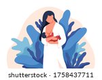 Caring mother feeding baby with breast vector flat illustration. Colorful lovely mom holding infant at abstract leaves background isolated on white. Concept of breastfeeding and maternity