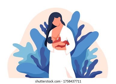 Caring mother feeding baby with breast vector flat illustration. Colorful lovely mom holding infant at abstract leaves background isolated on white. Concept of breastfeeding and maternity