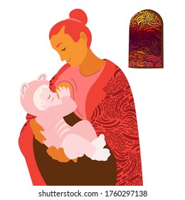 Caring mother feeding baby with breast vector flat illustration. Colorful lovely mom holding infant  background isolated on white. Concept of breastfeeding and maternity