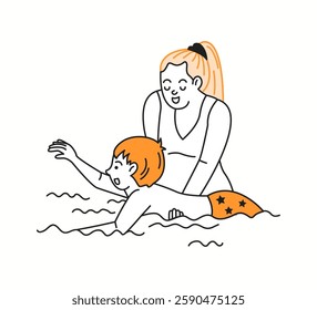 A caring mother helping her child learn how to swim in the water, supporting and encouraging them in a warm and joyful doodle-style black and white illustration.