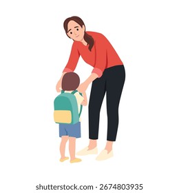 Mãe cuidadora ajudando seu filho pequeno a colocar uma mochila. Ilustração de vetor plano isolada no plano de fundo branco