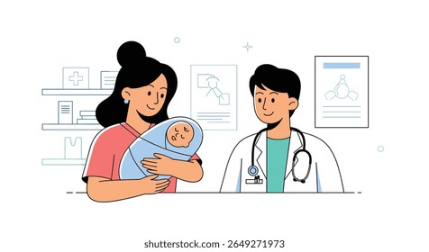 A Caring Mother and Her Newborn Baby Receive Expert Medical Advice From a Compassionate Pediatric Doctor During a Routine Checkup in a Bright Modern Clinic