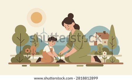 Caring mother and her young son planting a small sapling together in a green countryside landscape with a windmill.