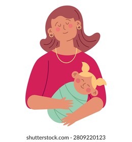 Caring mother holding her small baby wrapped in green blanket
