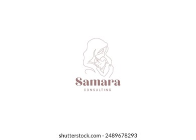 Caring mother hug little kid son continuous line logo design template vector illustration. Maternity and childhood with love care hand drawn logotype for family center woman health parenthood planning