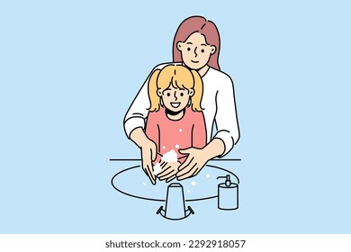 Caring mother and little daughter washing hands together in bathroom sink. Smiling mom help small child clean hands in bath. Vector illustration. 