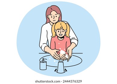 Pflegende Mutter und kleine Tochter waschen Hände zusammen im Waschbecken im Bad. Lächelnde Mama hilft kleinem Kind beim Händewaschen. Vektorillustration.