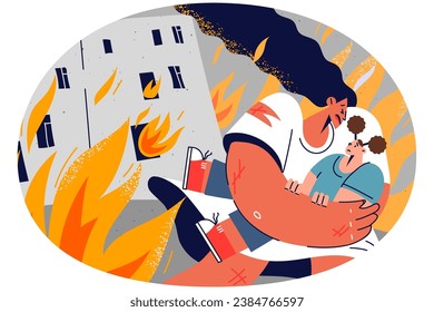 Caring mother saving small child from burning house. Sacred worried woman with kid in hand run escape from building in fire. Vector illustration.