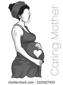 Caring mother vector illustration, Line art of a woman, A pregnant lady digital sketch