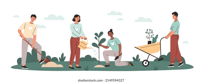 El cuidado de la naturaleza y el concepto del medio ambiente. Jóvenes voluntarios plantan árboles en el parque o bosque de la ciudad. Hombres y mujeres con palas y latas de agua cultivan plantas al aire libre. Dibujo vectorial plano de dibujos animados