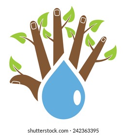 Caring nature, hand, tree, water, vector illustration