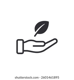 Caring for nature. Human hand palm up. Open palm. Logo template. Environment. Ecology. Asking for help. Editable stroke. Icon. Save nature. Attitude to nature. Leaf icon. Planet care. Recycling power