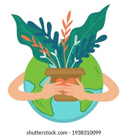 Caring for nature and natural resources of planet earth. hands holding potted plant with lush flora and leaves. Protection and conservation of ecosystem. Ecology and health. Vector in flat style