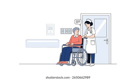 Caring nurse assists elderly woman in wheelchair inside a modern hospital corridor