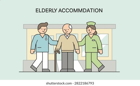 Caring nurse and doctor supporting a senior man with a walking cane outside a modern elderly accommodation building.