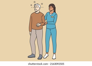 Caring nurse help elderly male patient walking suffering from dizziness. Therapist or medical worker assist mature grandparent with rehabilitation. Healthcare. Vector illustration. 