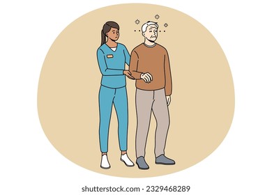 Caring nurse help elderly male patient walking suffering from dizziness. Therapist or medical worker assist mature grandparent with rehabilitation. Healthcare. Vector illustration.