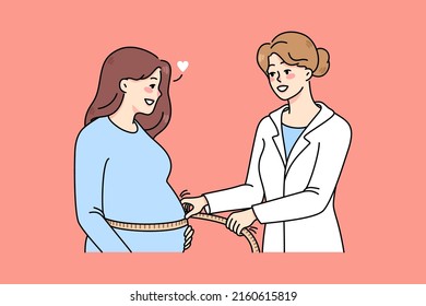 Caring nurse measuring pregnant woman belly with tape. Gynecology doctor do checkup of future mom during appointment in clinic. Healthy pregnancy concept. Vector illustration. 