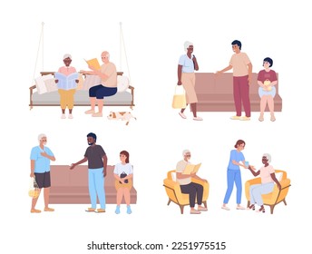 Caring for older adults semi flat color vector characters set. Aging seniors. Editable figures. Full body people on white. Simple cartoon style illustration pack for web graphic design and animation