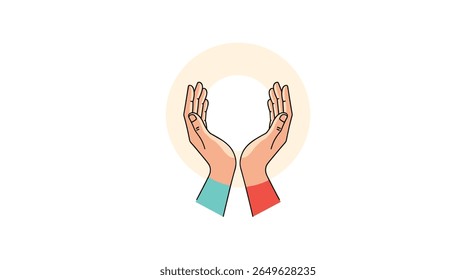 Caring open hands surrounded by a gentle warm sunlight circle representing support and hope for a better future