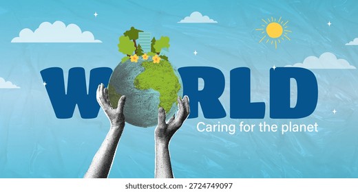 Cuidar do nosso planeta. Colagem de meio-tom na moda. Mãos segurando nosso planeta. Ecologia e conceito de proteção ambiental. Ilustração vetorial