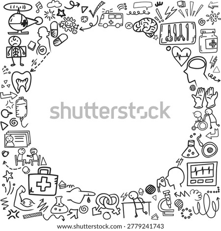 A caring pattern frame of medical diagnostic icons with central copy space featuring pregnant woman brain and saline bag.