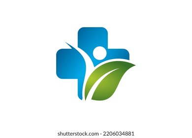 Caring People Logo, With Leaf And Cross Shape Concept, Logo Template