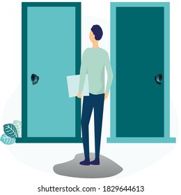 Una persona atenta con una elección. Concepto de selección de rutas. Comienzo de la carrera. Un hombre de negocios confuso pensando en la manera correcta. El dilema de la elección de la ruta. Ilustración vectorial en estilo plano