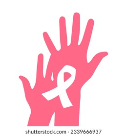 A caring pink silhouette of hands and a pink ribbon icon, a symbol of support, awareness of breast cancer. Vector illustration