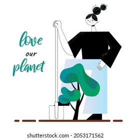 Caring for the planet, the ecology of the Earth. Planting trees, caring for them. Environmental protection, air improvement 